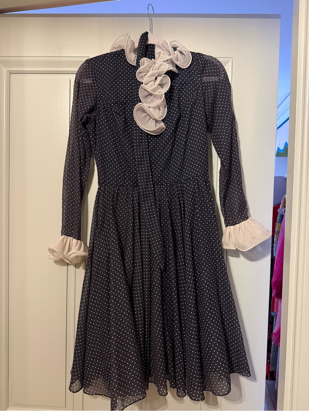 Miss Elliette 1970’s Black Polka Dot Ruffle-Trim Midi Dress